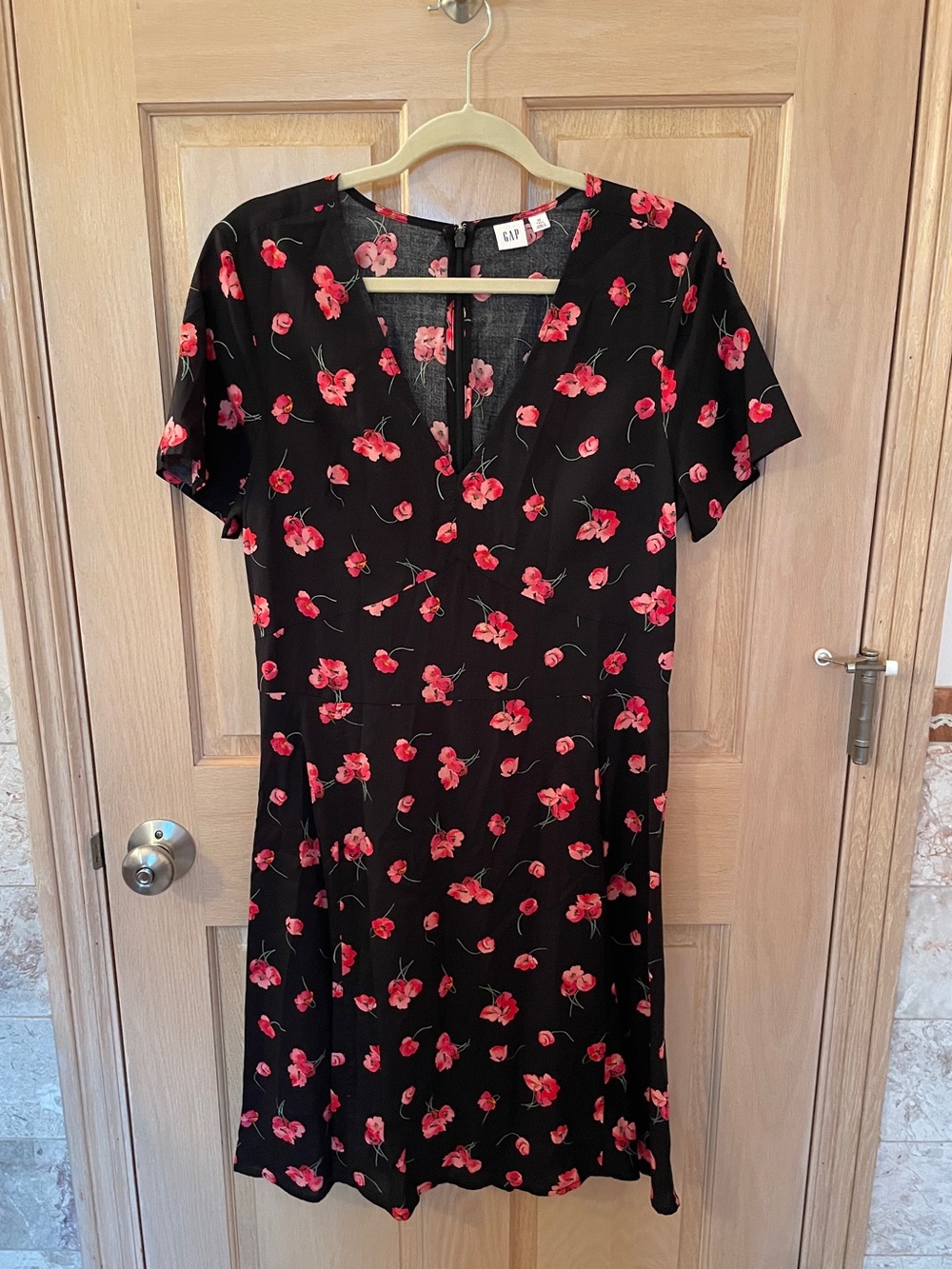 GAP Black Midi or Knee Length Dress with Pink-Red Floral Print